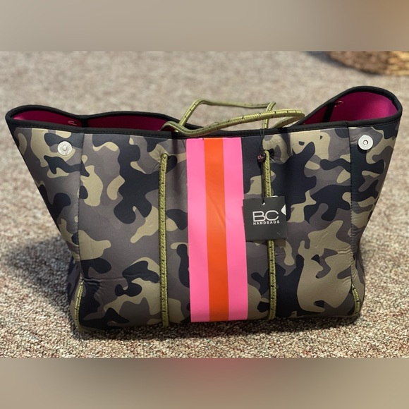 Handbags - Large Green Camo with Pink and Orange Stripe Neoprene Bag